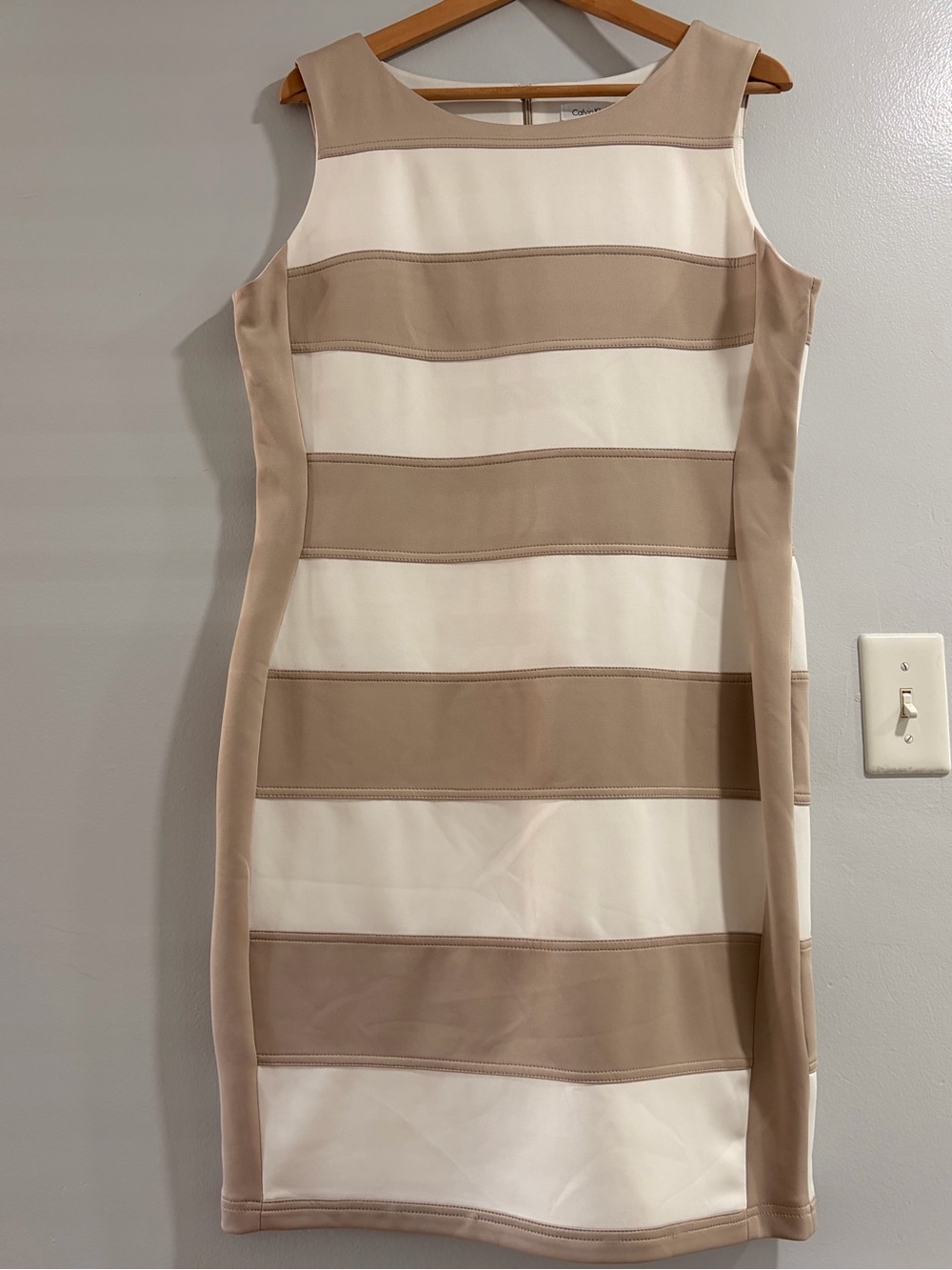 Calvin Klein Cream and Tan Striped Midi Sheath Dress
